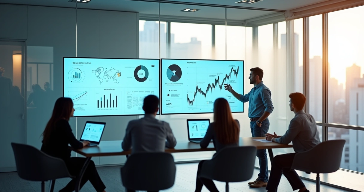 Equipe usando ferramentas de IA em reunião de marketing em escritório moderno 