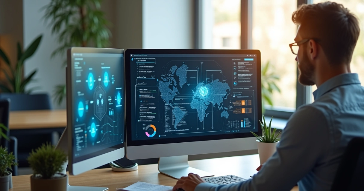 Pessoa avaliando currículo digital com gráficos e IA ao fundo 