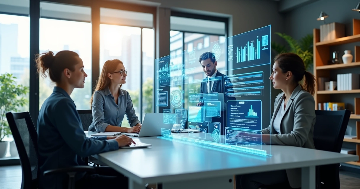 Escritório moderno com assistente virtual em holograma auxiliando uma equipe de RH em tarefas administrativas 