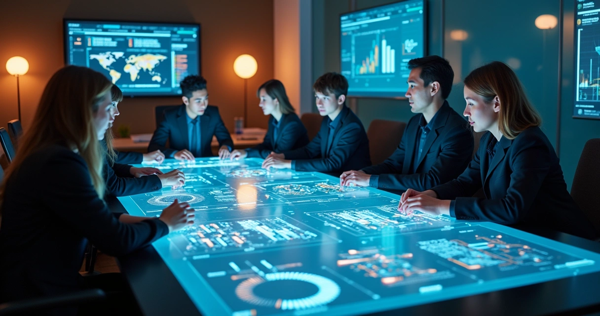 Simulação de humanos e inteligência artificial interagindo em ambiente empresarial 