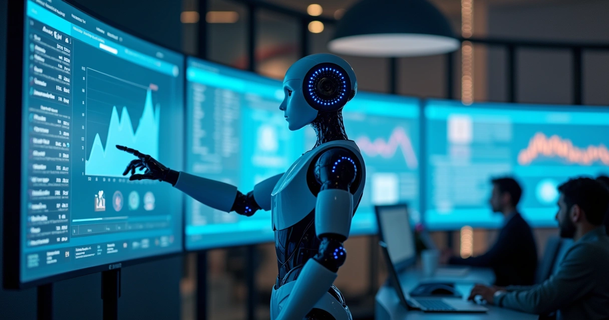 Robô digital analisando painéis administrativos em uma empresa 