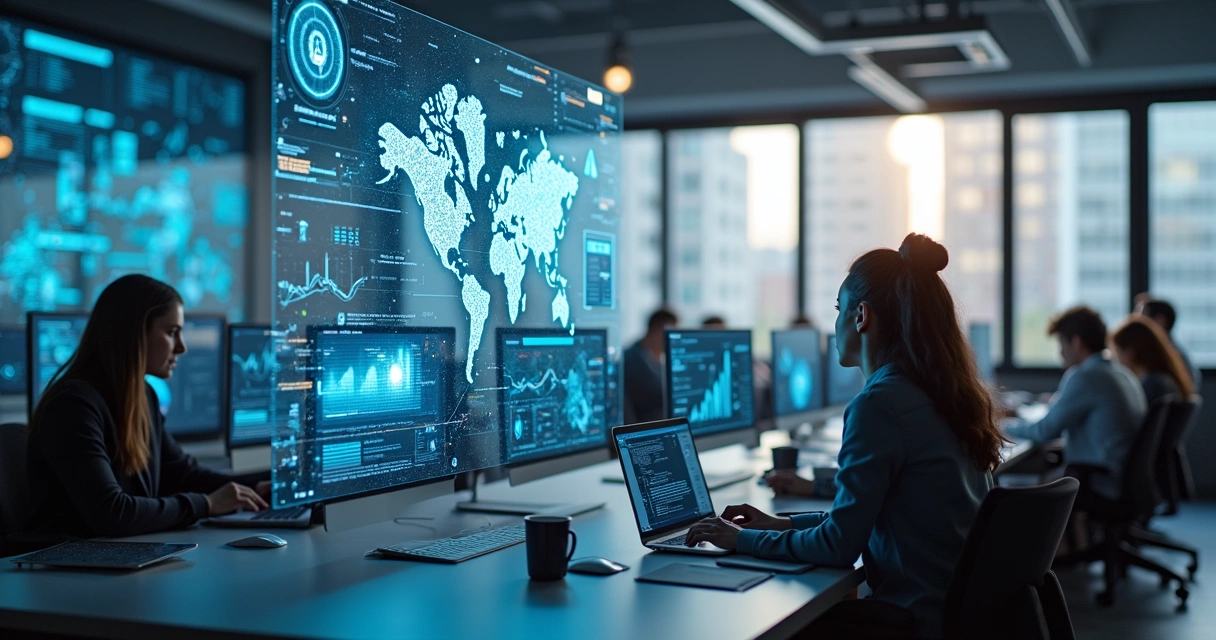 Equipo de oficina rodeado de computadoras y gráficos digitales que representan la inteligencia artificial en la rutina laboral. 