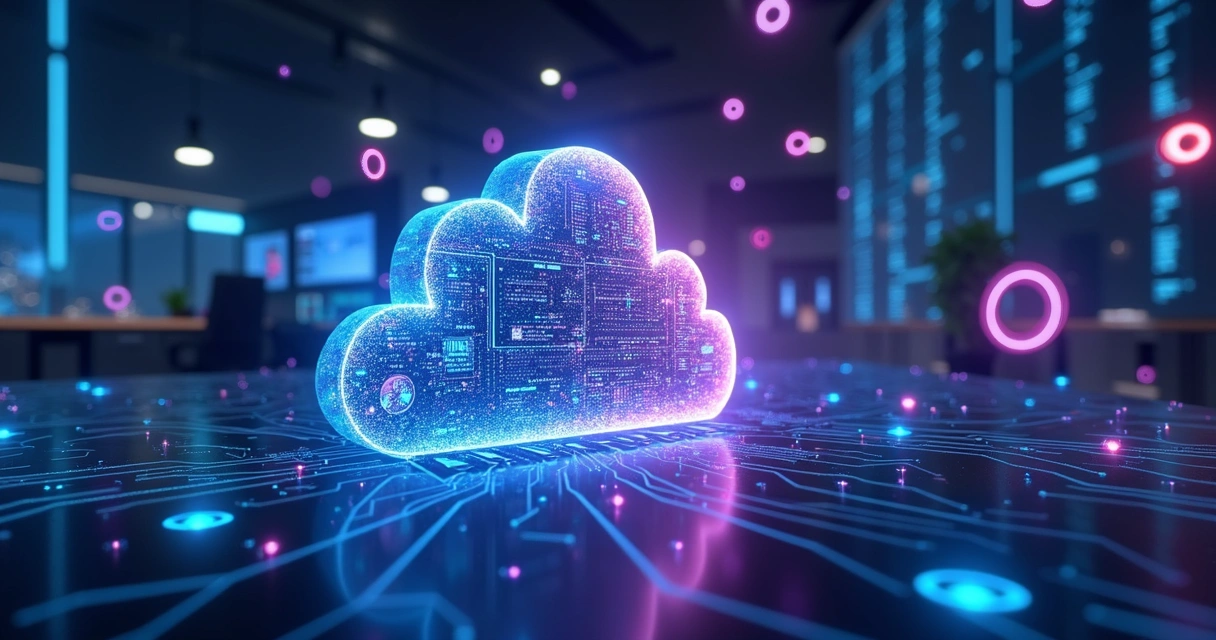 Inteligência artificial representada por circuito digital interagindo com dados de nuvem 