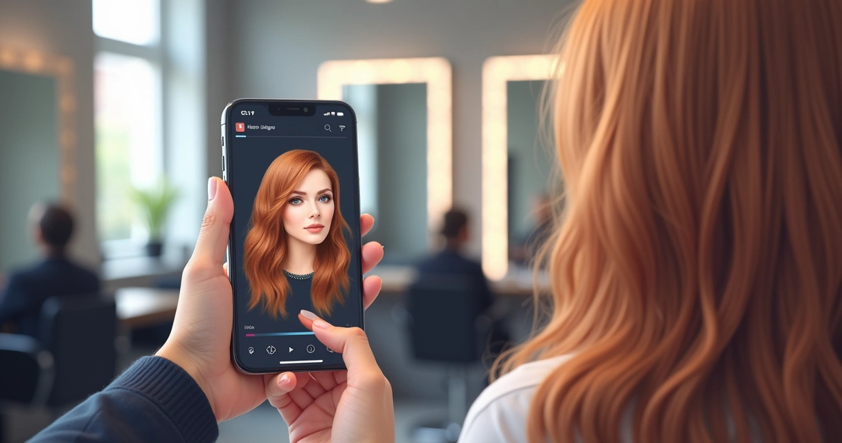 Simulação de transformação de cabelo usando inteligência artificial na tela do celular 