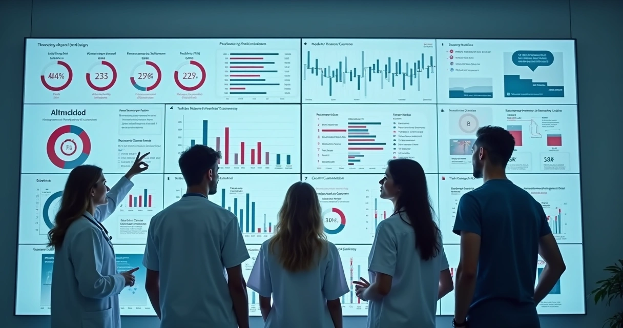 Equipe de saúde analisando dados em dashboards digitais 