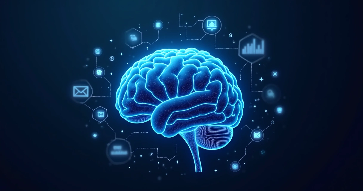 Cérebro digital azul com pontos de dados representando decisões automáticas de scoring. 