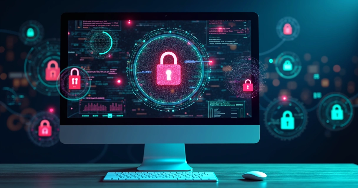 Computador com código digital e símbolos de segurança ao redor indicando proteção e monitoramento de fraudes 