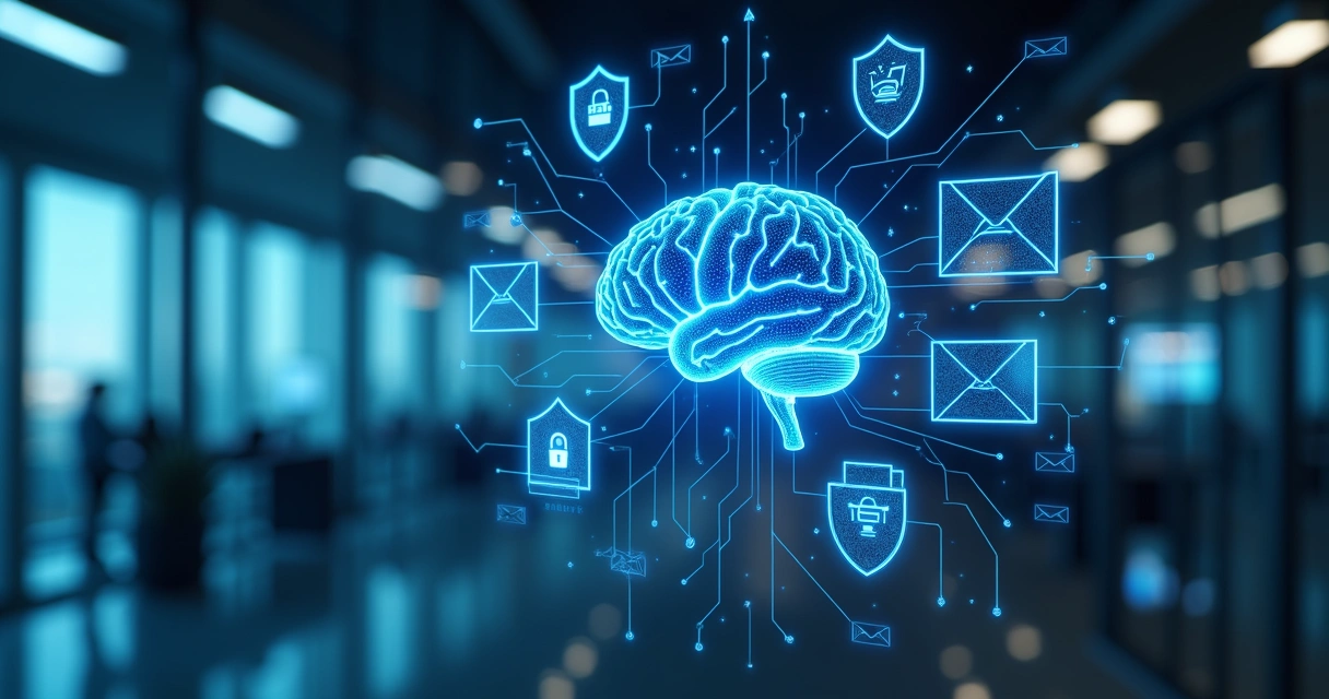 Ilustração de inteligência artificial monitorando proteção de email corporativo 