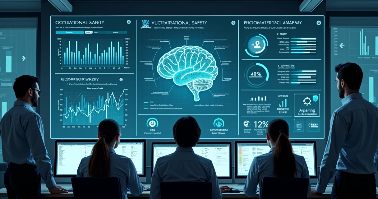 Dashboard digital com inteligência artificial analisando riscos trabalhistas e psicossociais 