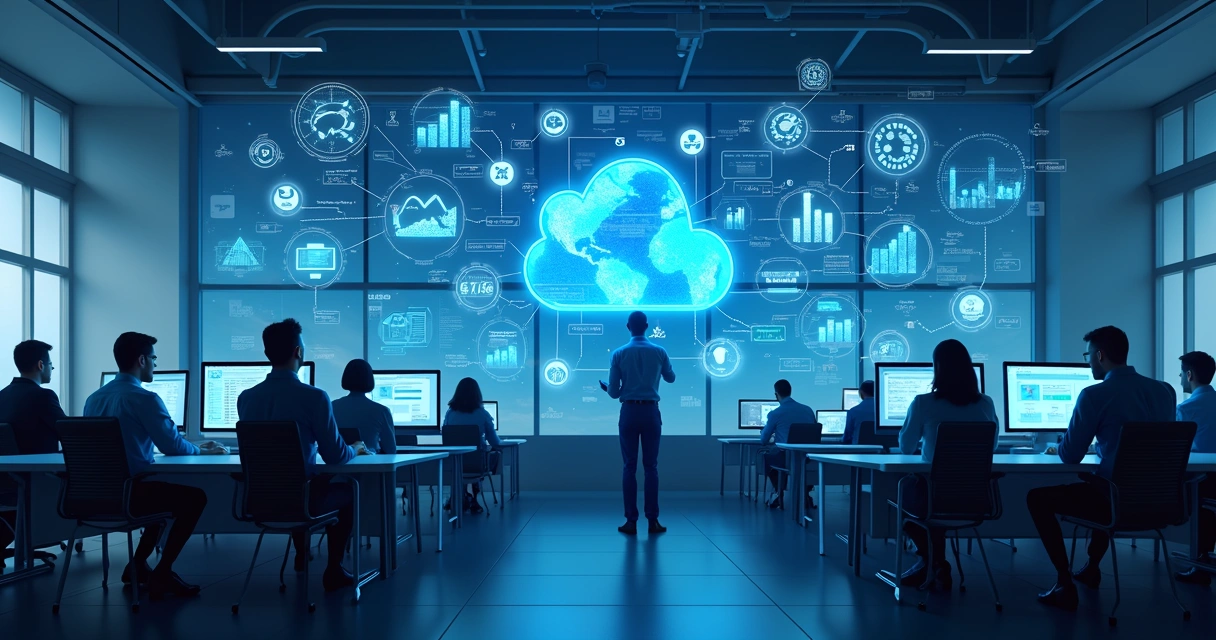 Gráfico de dados e ícones de IA conectados a nuvem em um escritório de seguros 