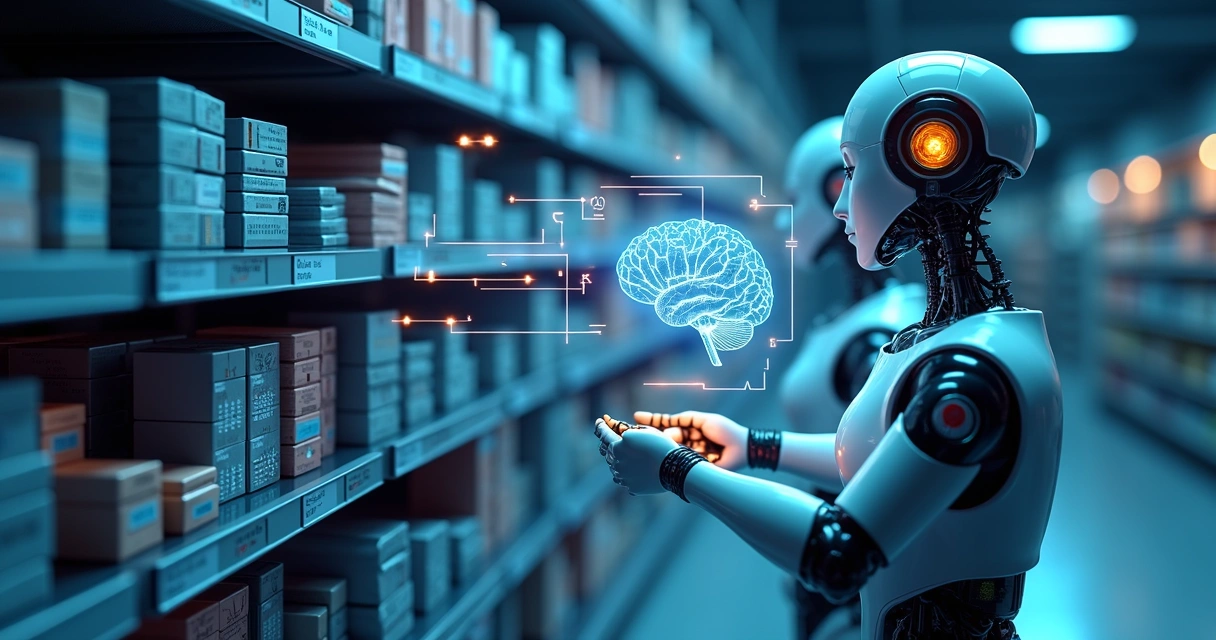 Representações de IA em finanças, varejo, indústria e saúde conectados por fios de luz 