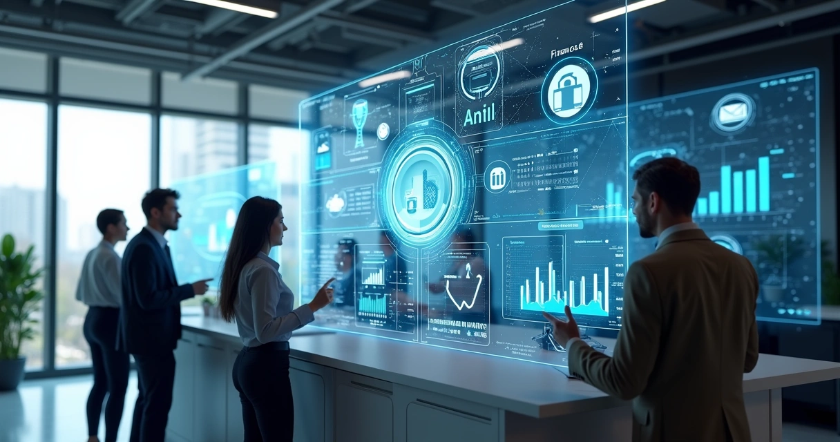 Ilustração realista de tecnologias de inteligência artificial integradas em setores variados como varejo, saúde e logística 
