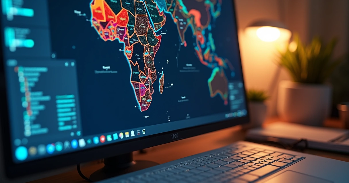 Computador com gráficos sociodemográficos e símbolo de inteligência artificial 