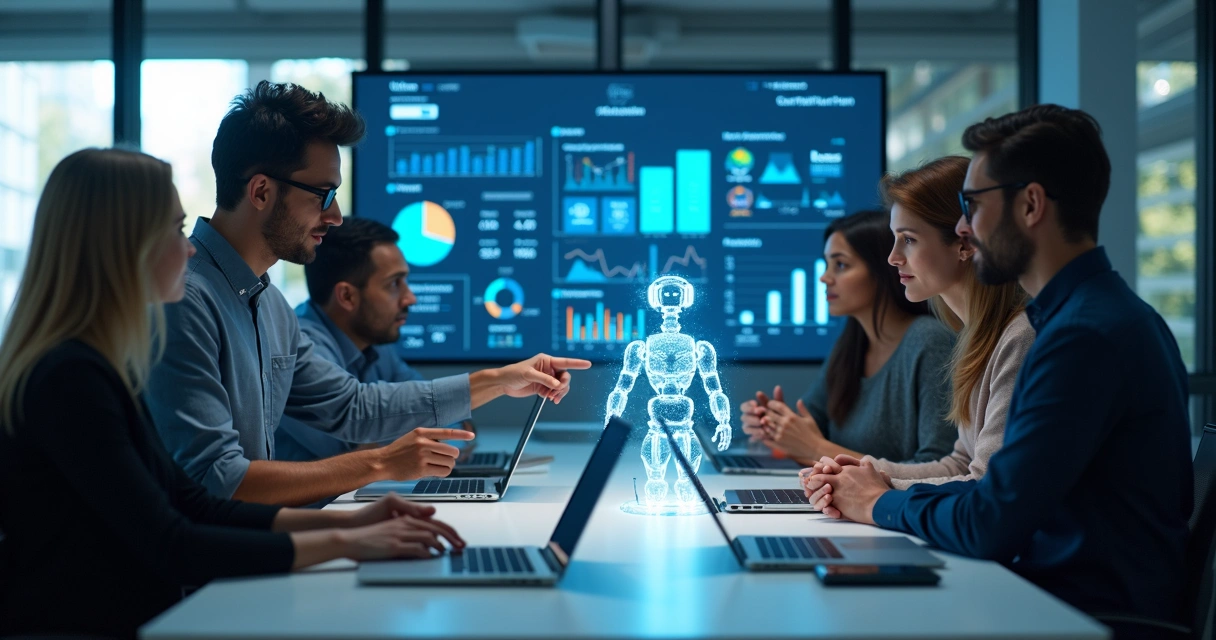 Equipe de customer success interagindo com sistema de IA 