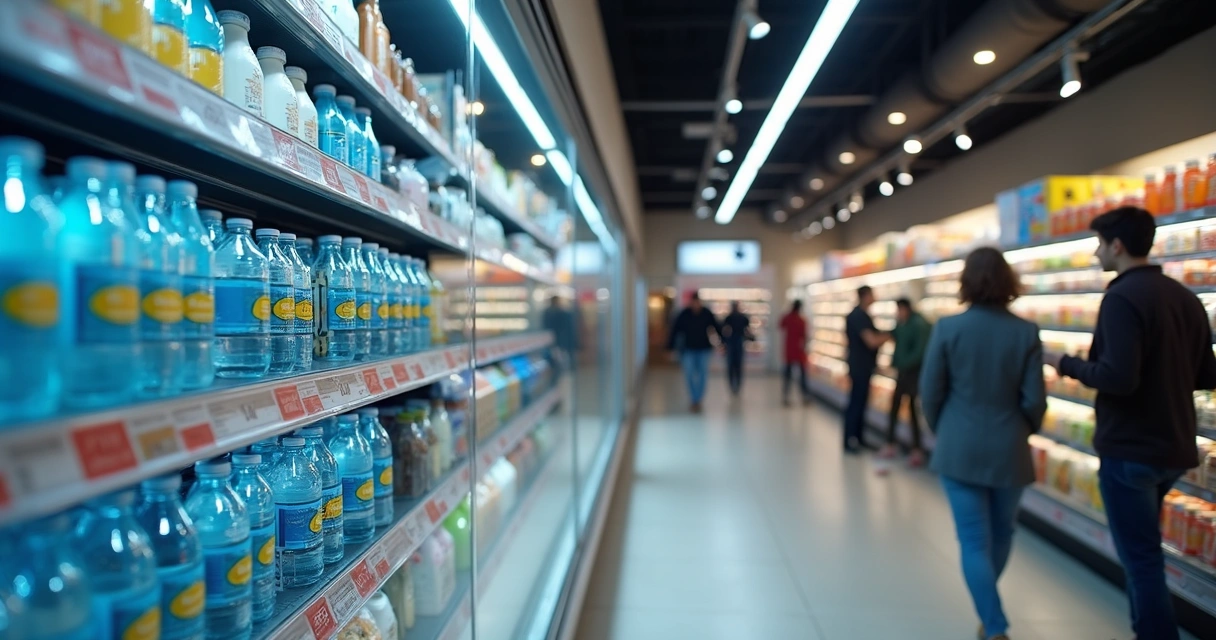 Prateleira de supermercado com etiquetas digitais e câmera de IA 