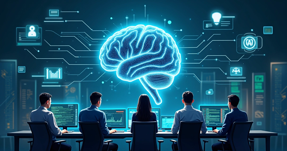 Ilustração de inteligência artificial ajudando time de TI. 