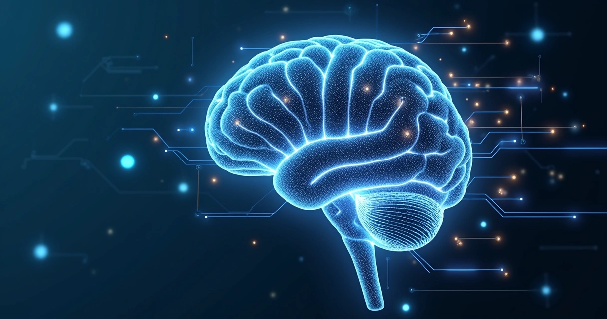Representação digital de inteligência artificial com cérebro humano e circuitos eletrônicos interligados 
