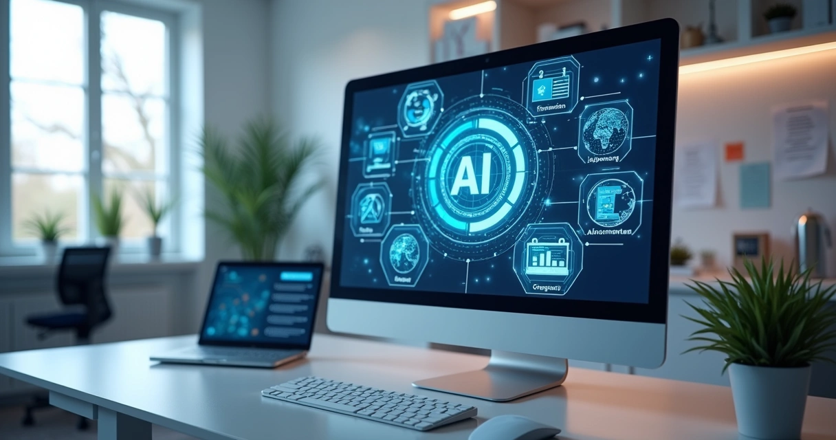 Tela de computador exibindo vários aplicativos de inteligência artificial para trabalho com elementos digitais ao redor