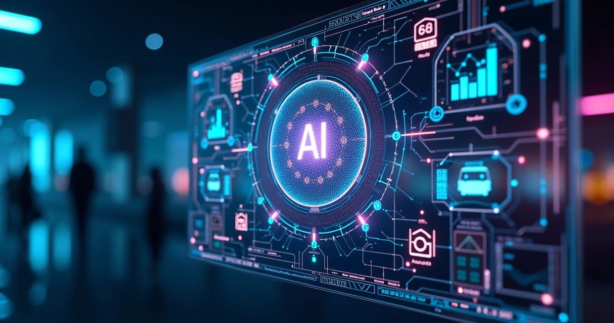 Tela digital exibindo diversas aplicações de inteligência artificial com gráficos de dados e elementos tecnológicos em fundo futurista 