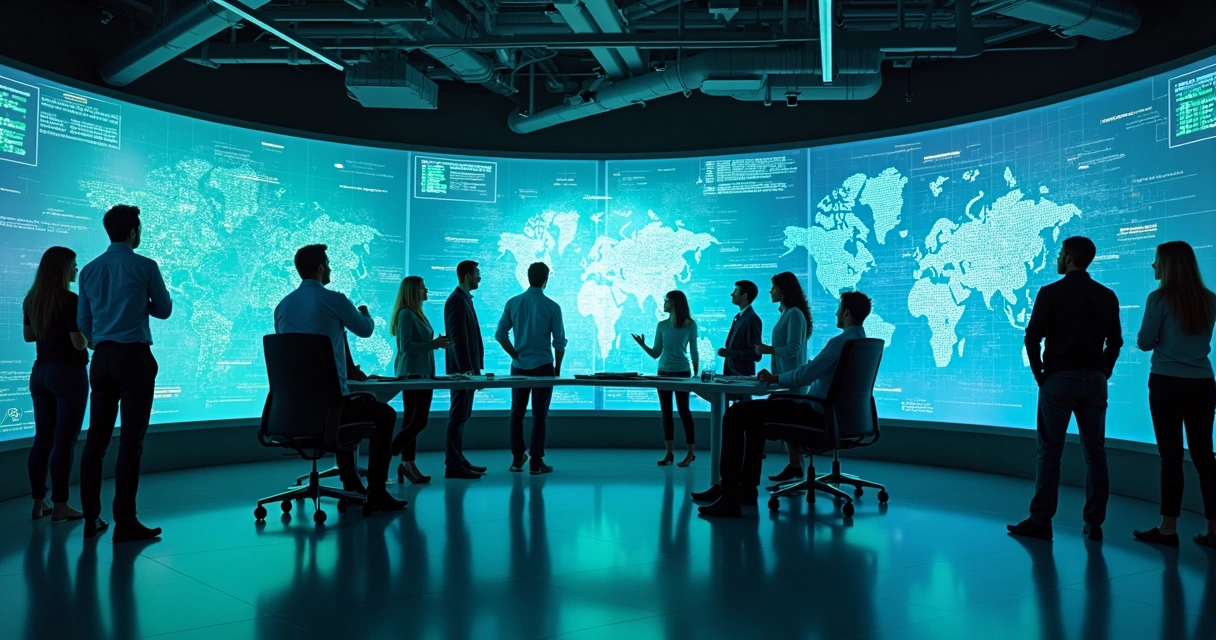 Equipe de TI trabalhando com painéis digitais de inteligência artificial 