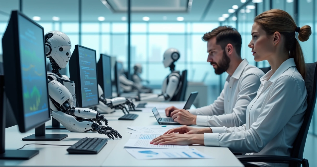 Robôs e computadores trabalhando juntos em um escritório moderno 