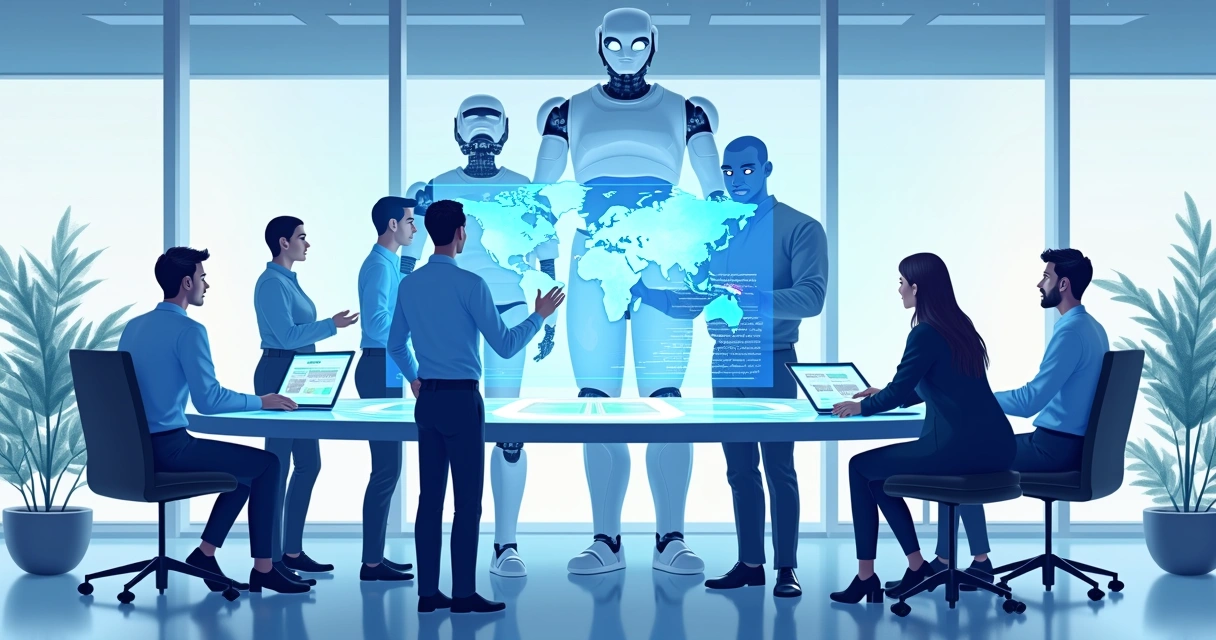 Colaboradores e robôs trabalhando juntos em uma mesa digital