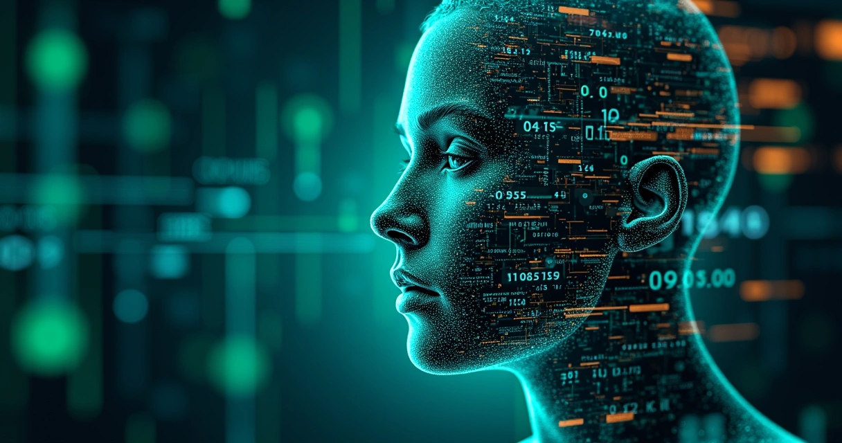 Representação visual de inteligência artificial no trading, com rosto de robô e gráficos digitais 
