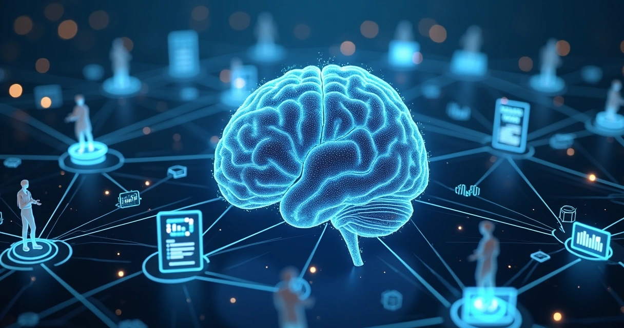 Rede de inteligência artificial com colaboradores e ícones de educação e análise