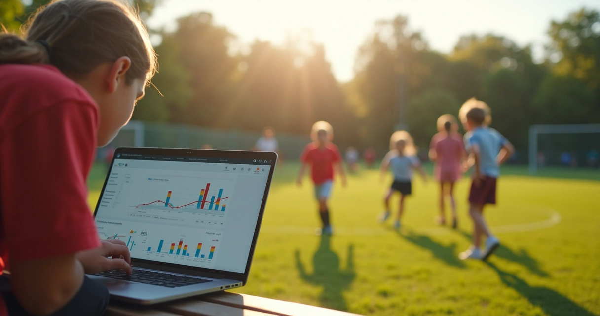 Notebook exibe gráfico de desempenho durante treino de futebol escolar