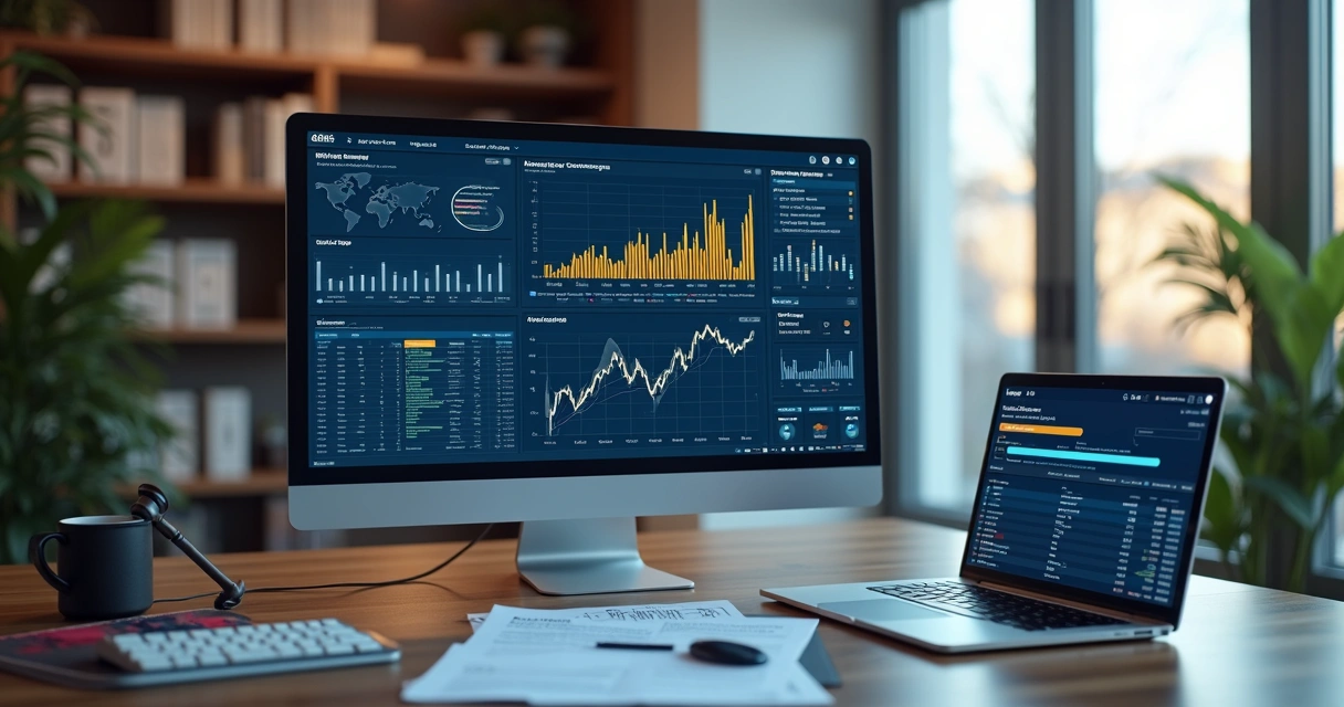 Tela de computador mostrando software de inteligência artificial para processos tributários com gráficos e análise de dados fiscais 
