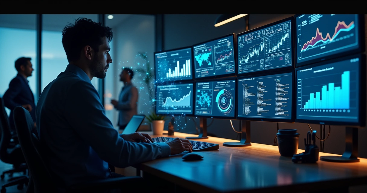 Painel de inteligência artificial analisando dados fiscais em computadores