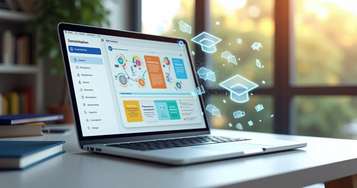 Computador exibindo trilha de aprendizagem personalizada com elementos gráficos de inteligência artificial e ícones educacionais ao redor 