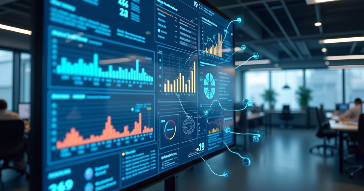 Interface de inteligência artificial analisando gráficos e cadastros de produtos 