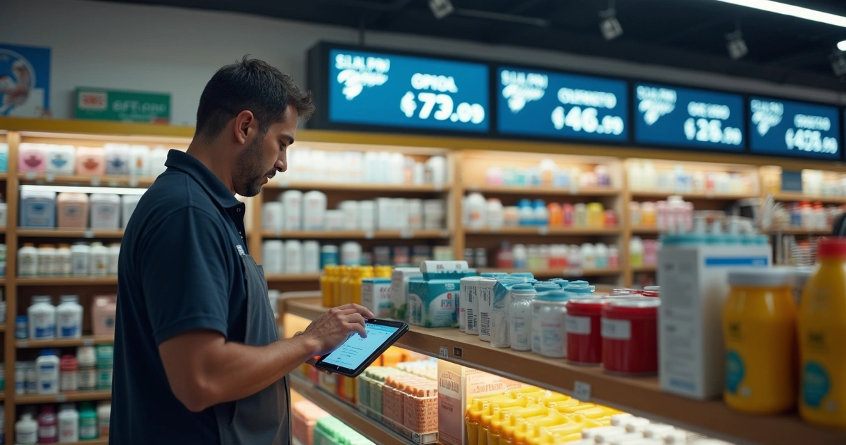 Associado de loja usando IA para conferir estoque em tablet 