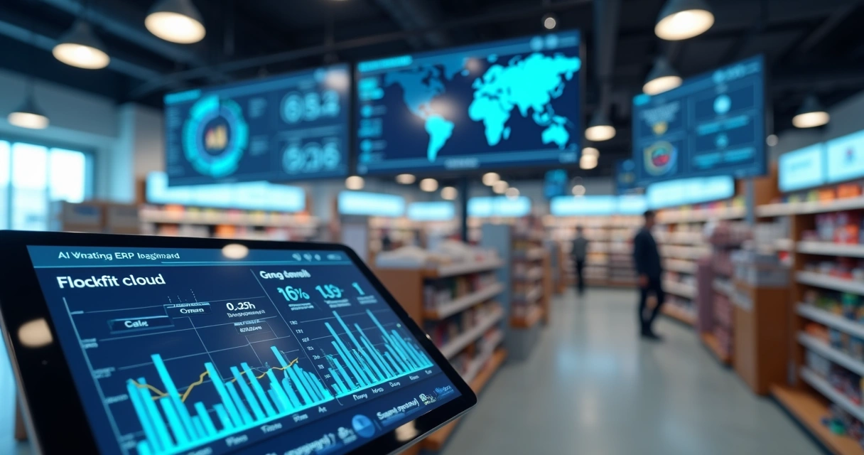 Interior de loja moderna com tecnologia de inteligência artificial exibindo telas digitais e gráficos de desempenho sobre vendas e estoque 