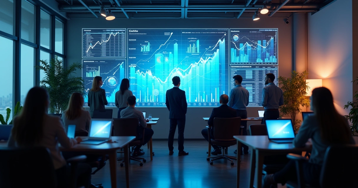 Time observando gráficos de crescimento digital em tela grande 