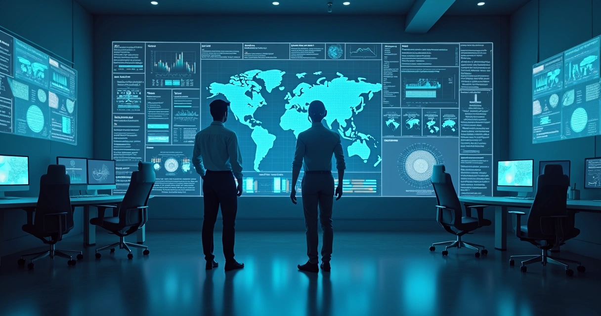 Inteligência artificial otimizando vendas com gráficos e robô ao lado de analista 