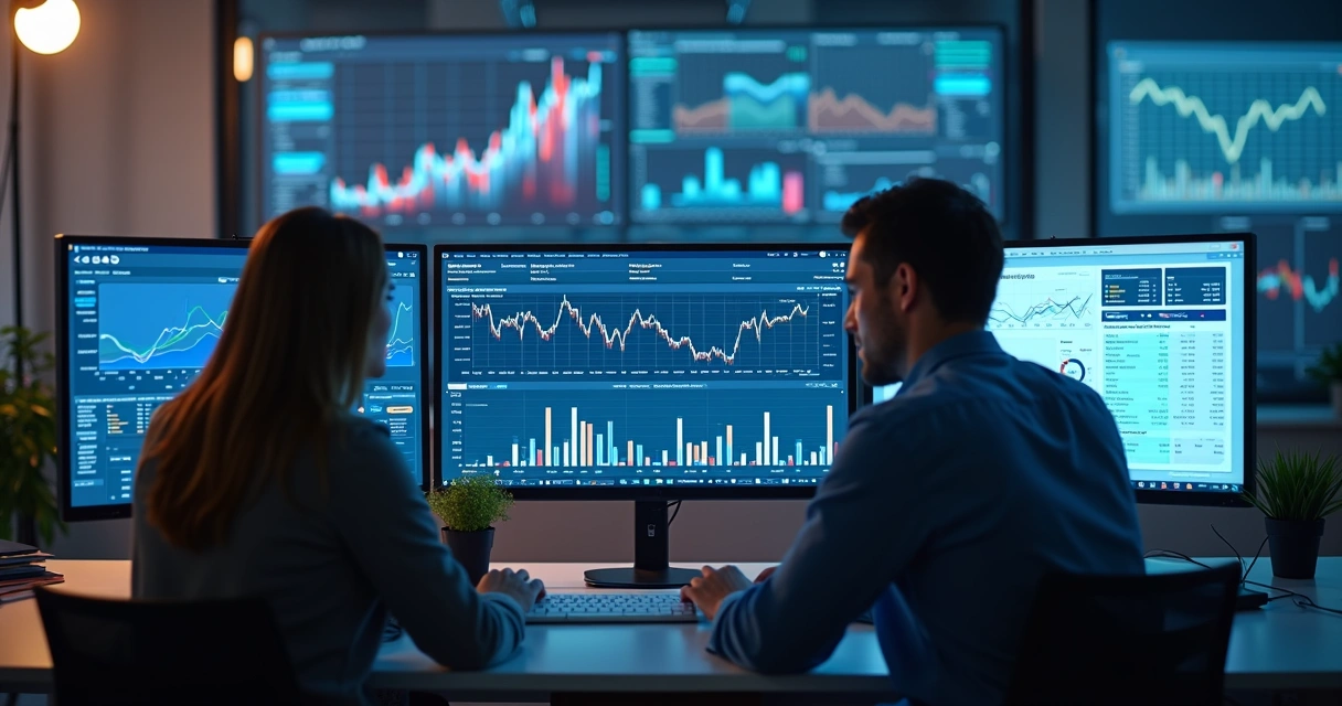 Equipe de vendas usando computadores com gráficos digitais e chatbots na tela para automação comercial com inteligência artificial 