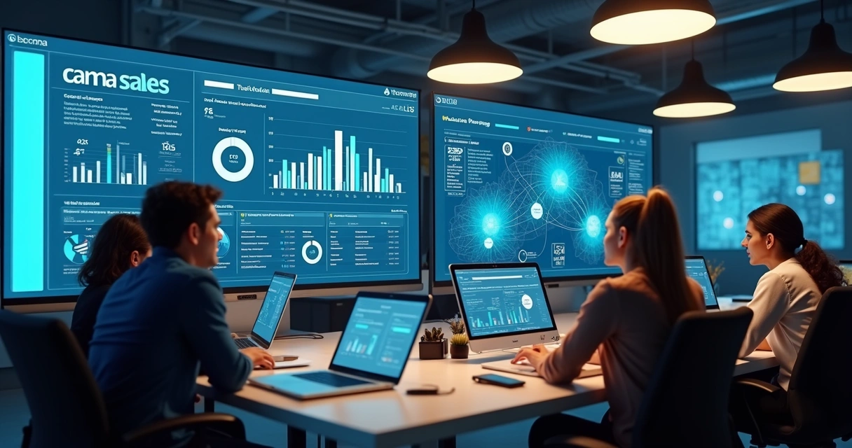 Mesa de escritório com computadores, equipe de vendas analisando gráficos de vendas. 