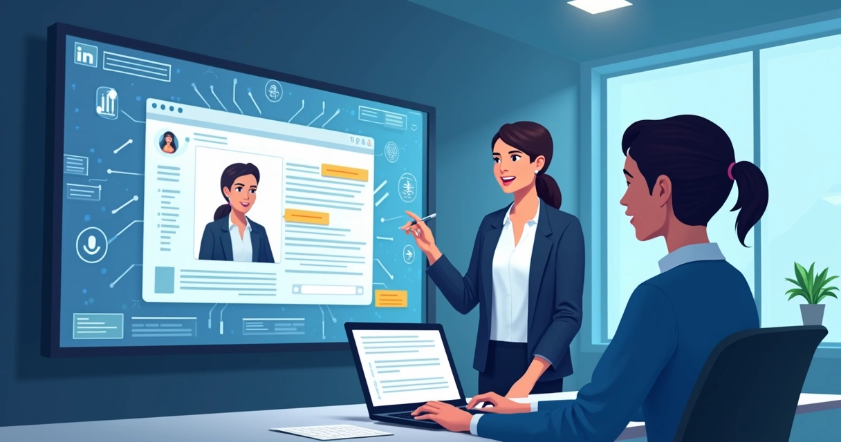 Profissional observando um avatar digital ajustando textos em uma tela, refletindo sua própria expressão 