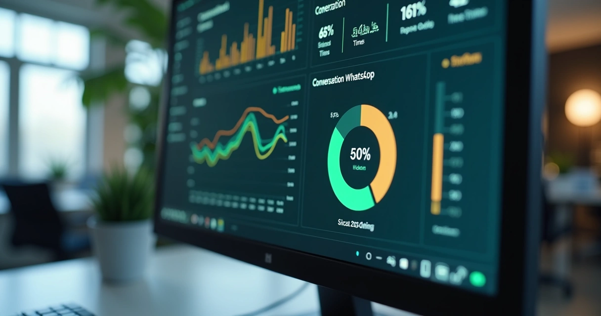 Dashboard com análise de interações automatizadas do WhatsApp em monitor de computador 