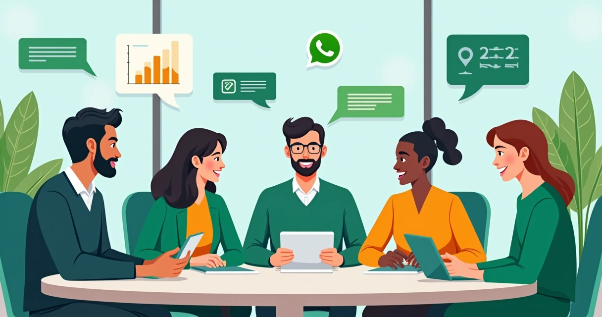Ilustração de pessoas conversando em um grupo do WhatsApp com gráficos de inteligência artificial ao fundo. 