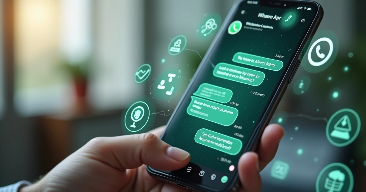 Tela de smartphone exibindo atendimento automático por inteligência artificial no WhatsApp com ícones de mensagens, áudio e agendamento 