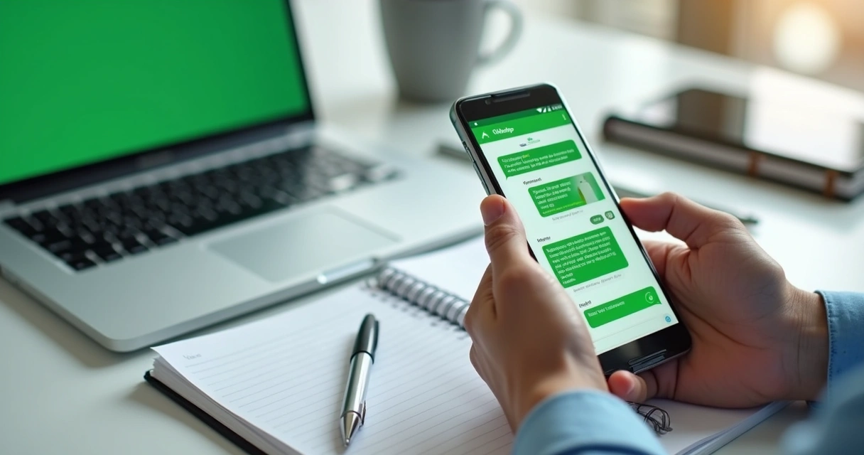 Tela de smartphone com conversa automatizada no WhatsApp usando inteligência artificial, exibindo respostas rápidas e interface moderna 
