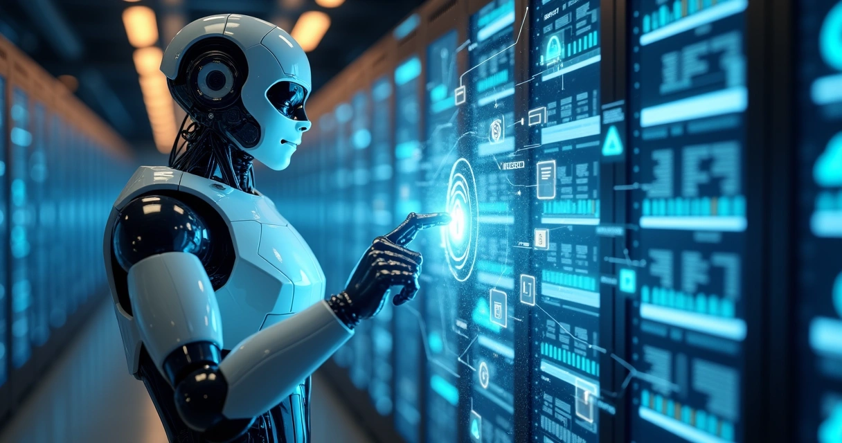 Robô digital analisando dados de segurança em tela holográfica 