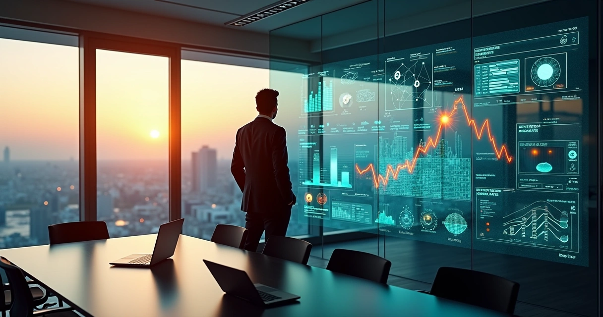 Executivo observa painel digital com gráficos e ícones de inteligência artificial em sala de reunião moderna 