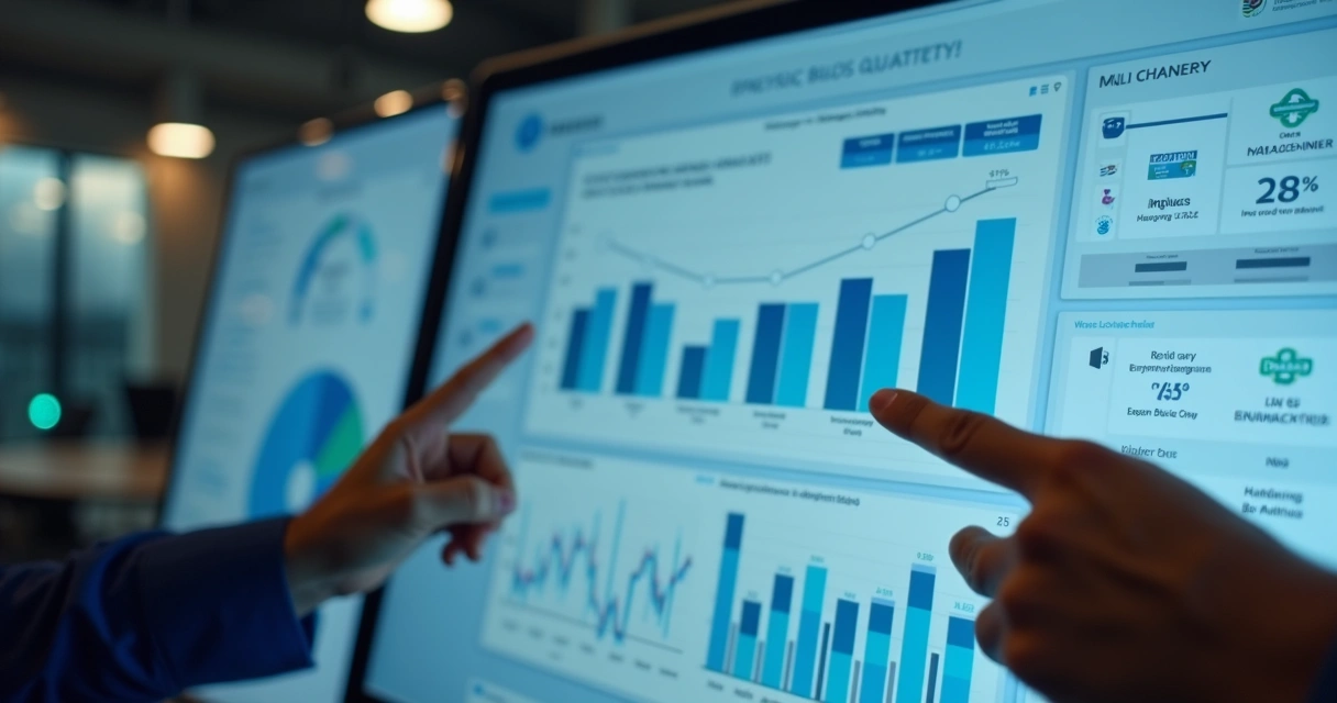 Painel digital exibindo canais de cobrança e análise de dados 
