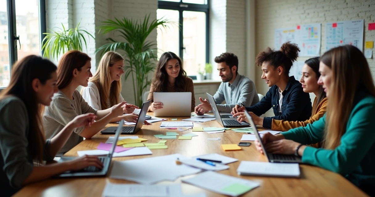Grupo diverso de pessoas reunidas colaborando em frente a uma mesa com laptops e anotações, demonstrando trabalho em equipe e troca de ideias 