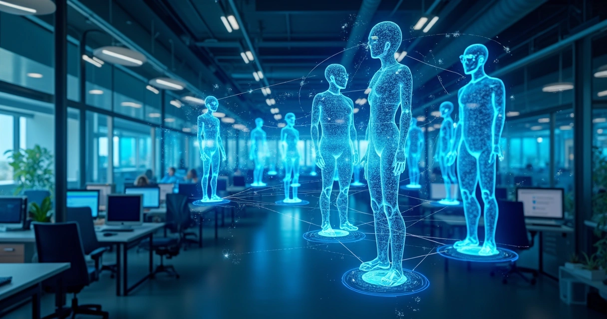 Fluxo de dados entre diversos agentes digitais conectados em rede 