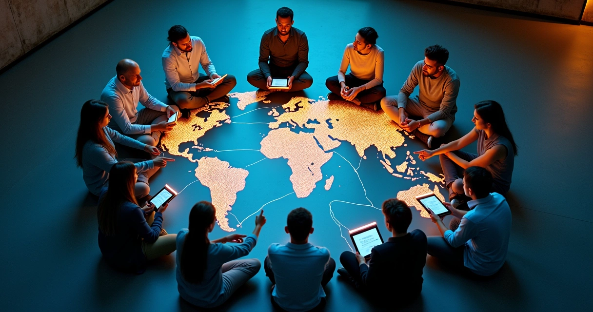 Círculo de pessoas conectadas por luzes formando mapa-múndi no chão escuro 